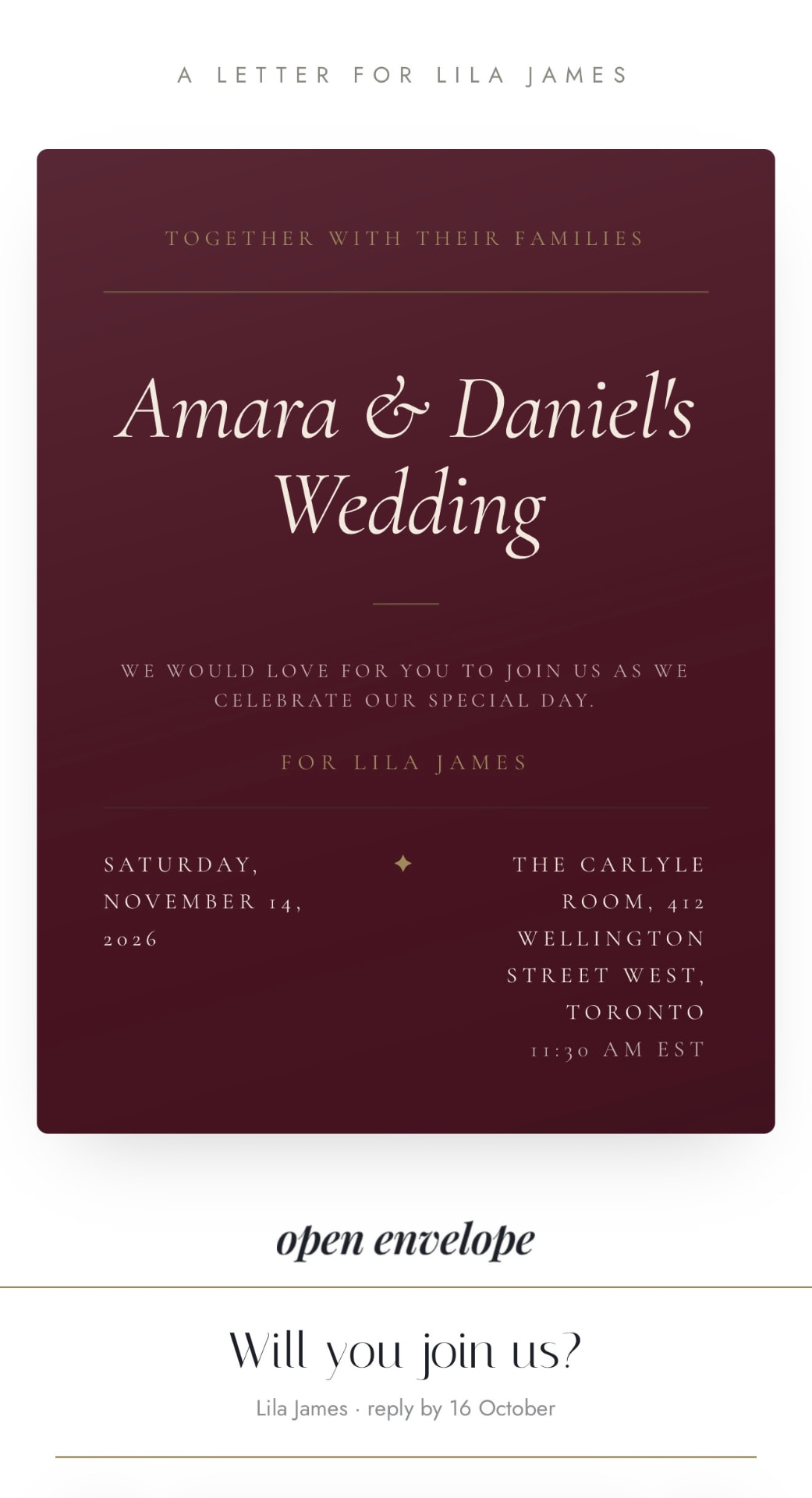 A personalised wedding invitation opened on a guest's phone