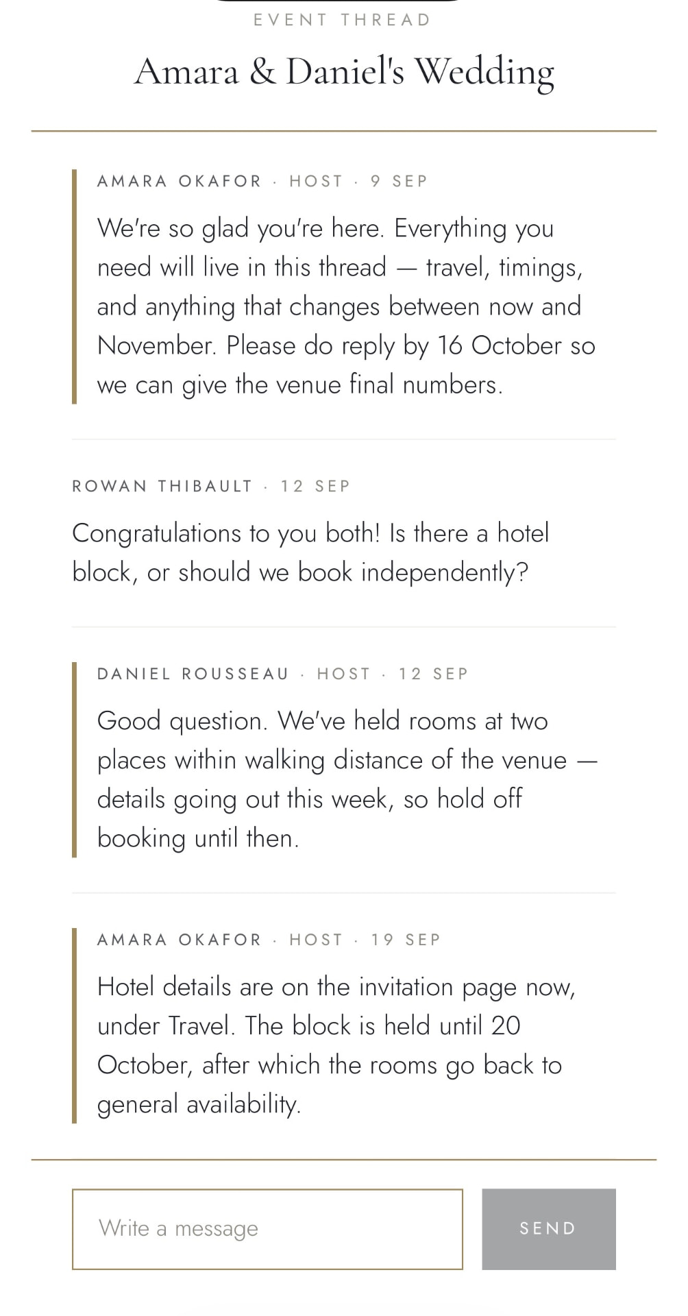 Event thread showing messages between hosts and guests