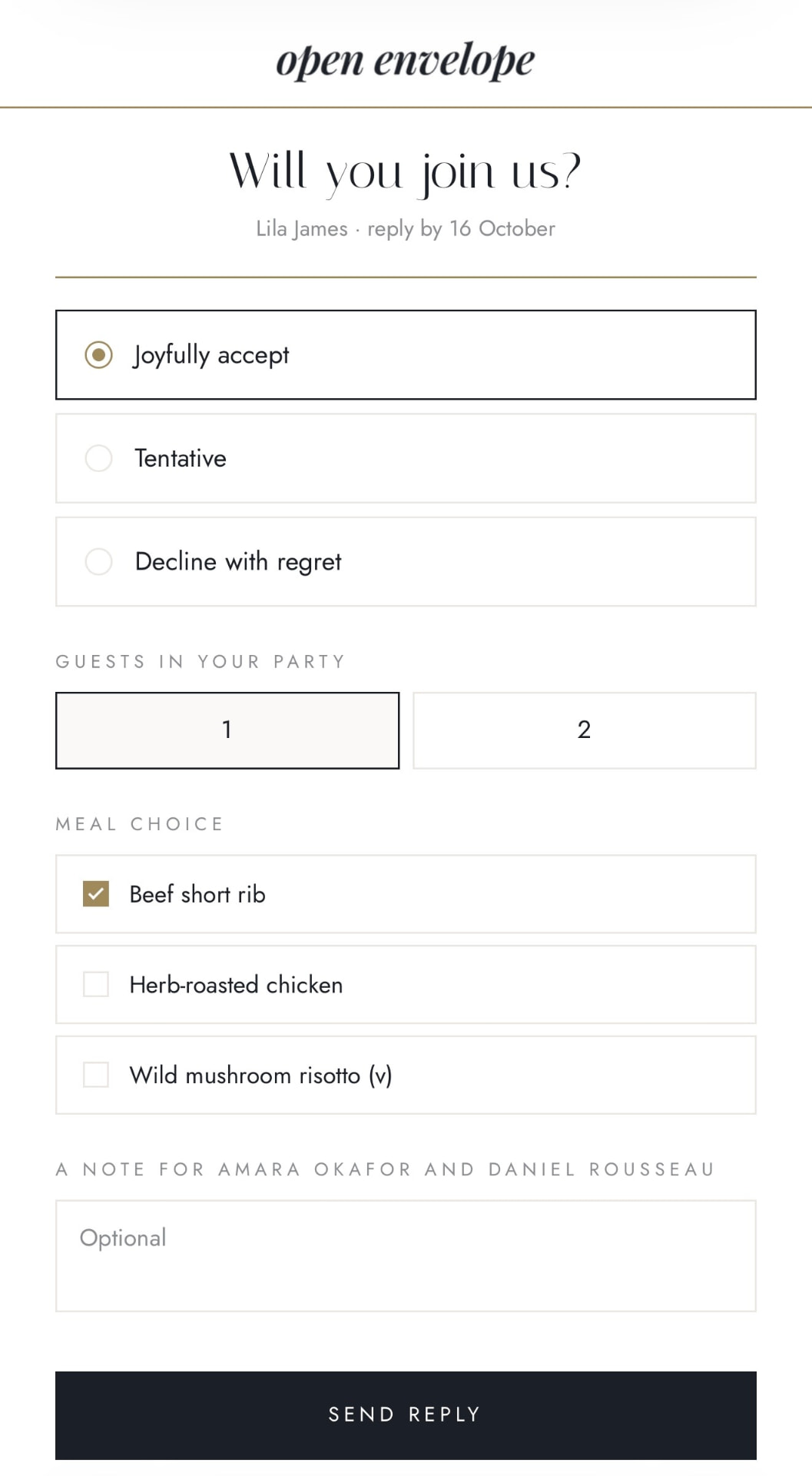 Guest RSVP screen with attendance, party size, meal choice, and note fields