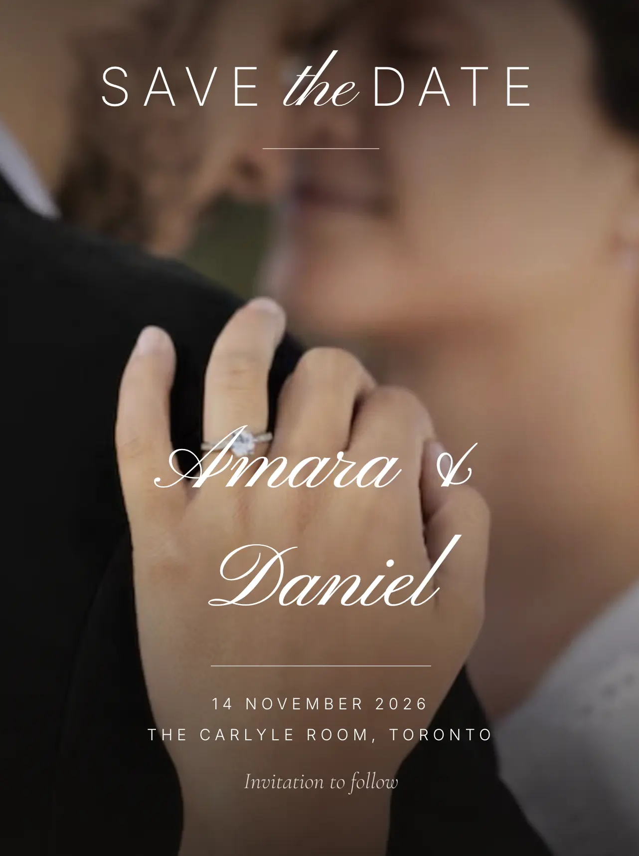 Amara and Daniel wedding invitation over a close-up photograph