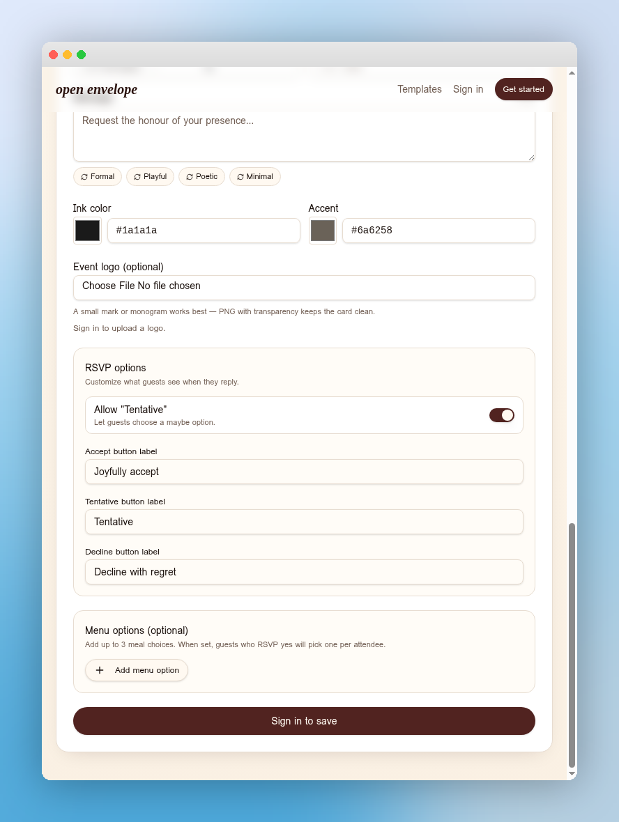 Editor form showing RSVP options, colour pickers, and meal configuration