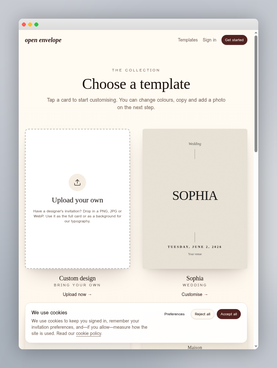 Template gallery showing curated invitation designs